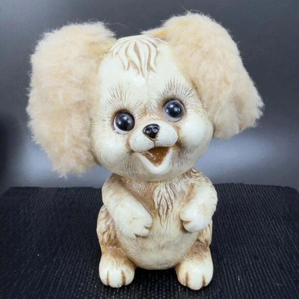 1970 Kitschy Bank Plastic Dog Animal Fuzzy Ears Creative Vintage Decor Whimsical